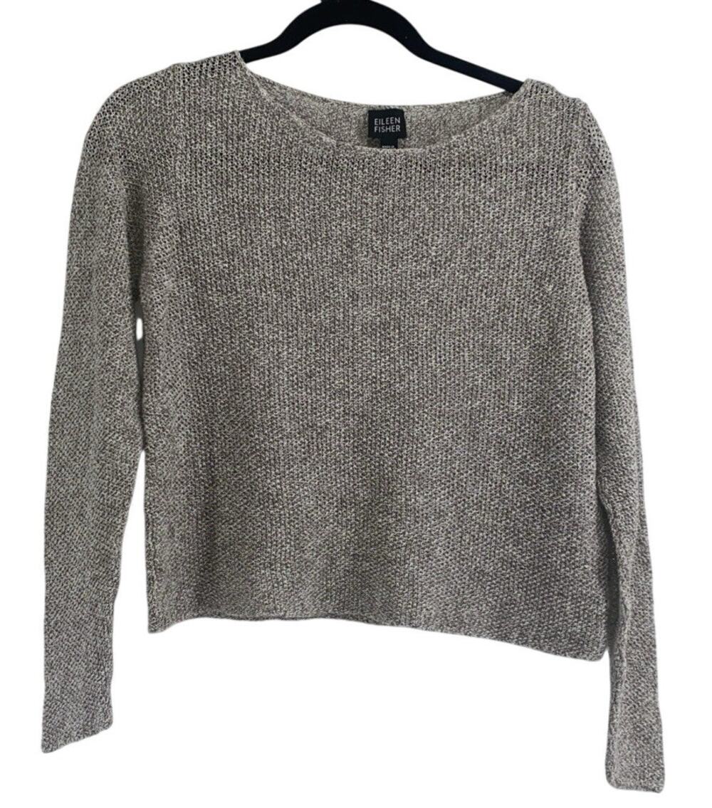 Eileen Fisher Open-Knit Sweater Top 100% Linen Boat Neck Crop Long Slv Size S - Picture 1 of 7